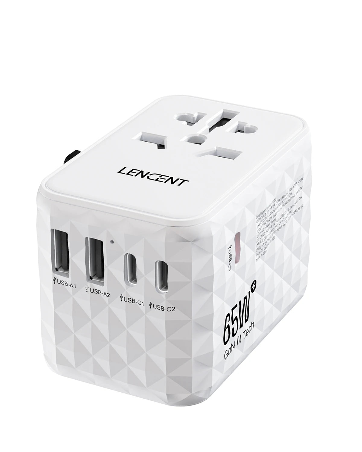 LENCENT 65W GaN Universal Travel Adapter with 2 USB 3 Type C Fast Charging All-in-one Travel Charger EU/UK/USA/AUS for Travel