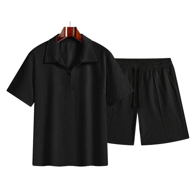 Men’s Summer Zipper Polo & Shorts Set – Casual Sports Fitness Tracksuit