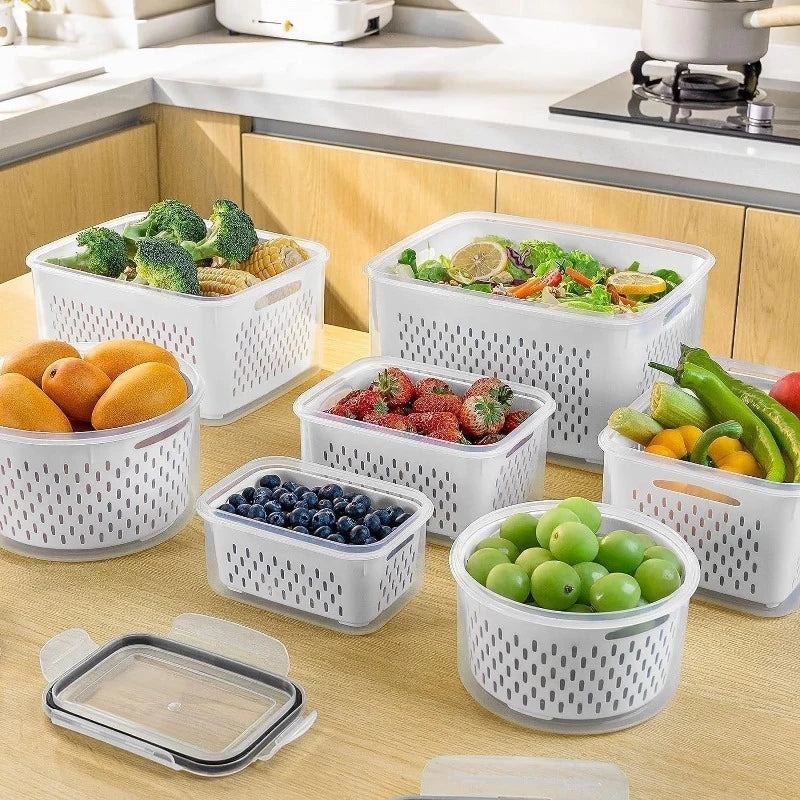 6Set of large-capacity refrigerator fruit preservation containers，Comes with a detachable drain basket，Sealed food storage conta