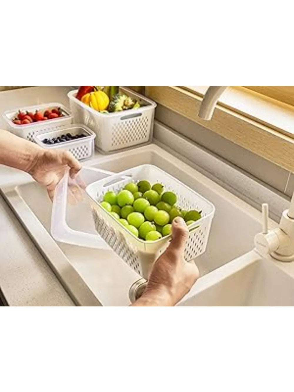 6Set of large-capacity refrigerator fruit preservation containers，Comes with a detachable drain basket，Sealed food storage conta