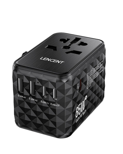 LENCENT 65W GaN Universal Travel Adapter with 2 USB  3 Type C Fast Charging All-in-one Travel Charger EU/UK/USA/AUS for Travel
