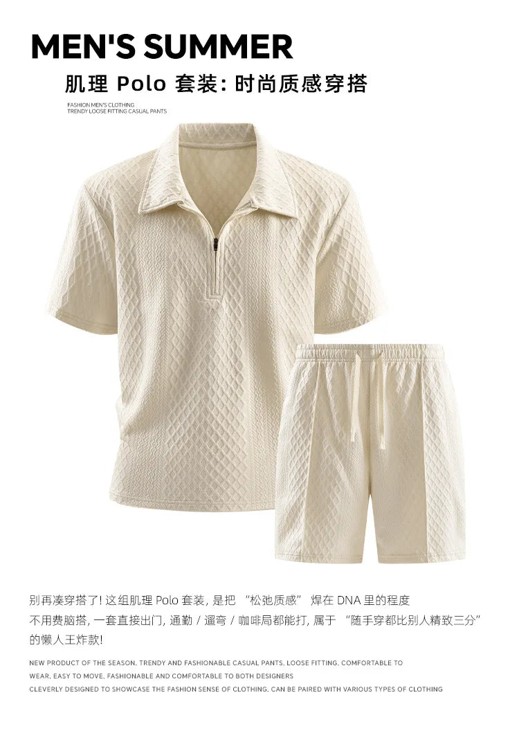 Men’s Summer Zipper Polo & Shorts Set – Casual Sports Fitness Tracksuit