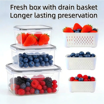 6Set of large-capacity refrigerator fruit preservation containers，Comes with a detachable drain basket，Sealed food storage conta