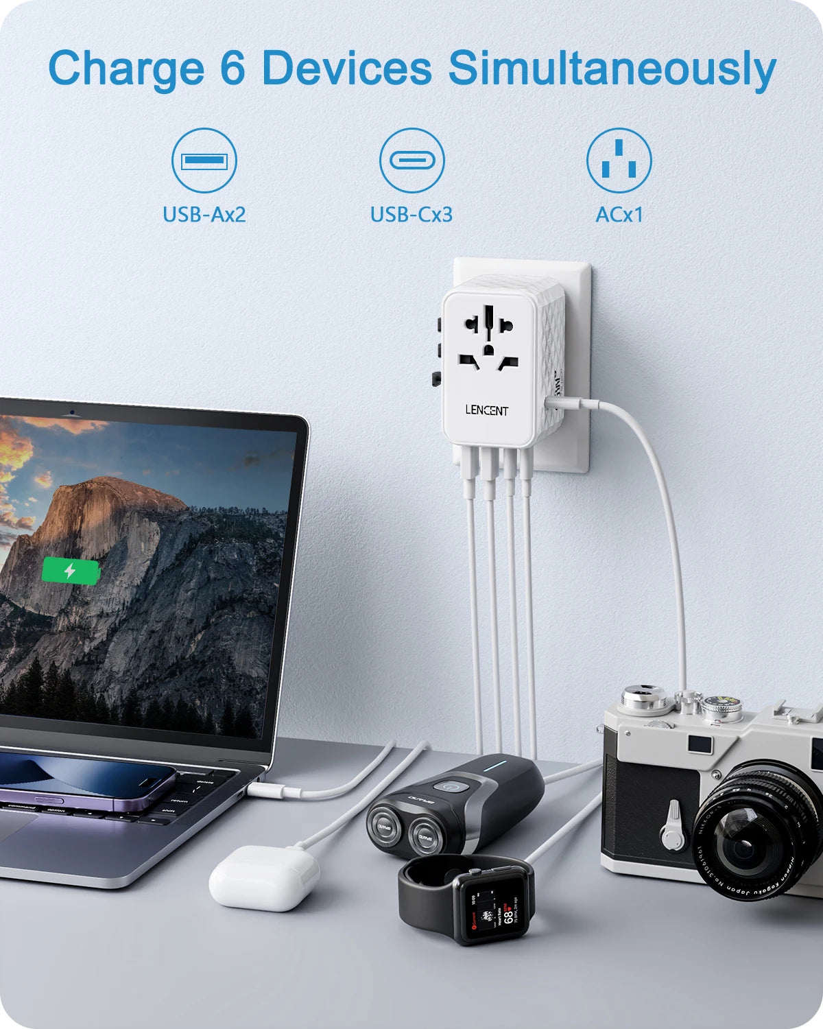 LENCENT 65W GaN Universal Travel Adapter with 2 USB  3 Type C Fast Charging All-in-one Travel Charger EU/UK/USA/AUS for Travel
