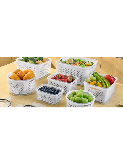 6Set of large-capacity refrigerator fruit preservation containers，Comes with a detachable drain basket，Sealed food storage conta
