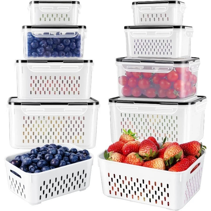 6Set of large-capacity refrigerator fruit preservation containers，Comes with a detachable drain basket，Sealed food storage conta