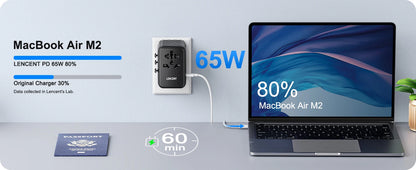 LENCENT 65W GaN Universal Travel Adapter with 2 USB  3 Type C Fast Charging All-in-one Travel Charger EU/UK/USA/AUS for Travel