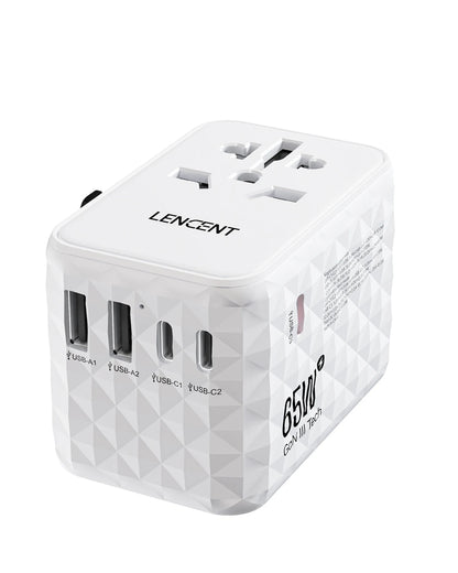 LENCENT 65W GaN Universal Travel Adapter with 2 USB  3 Type C Fast Charging All-in-one Travel Charger EU/UK/USA/AUS for Travel