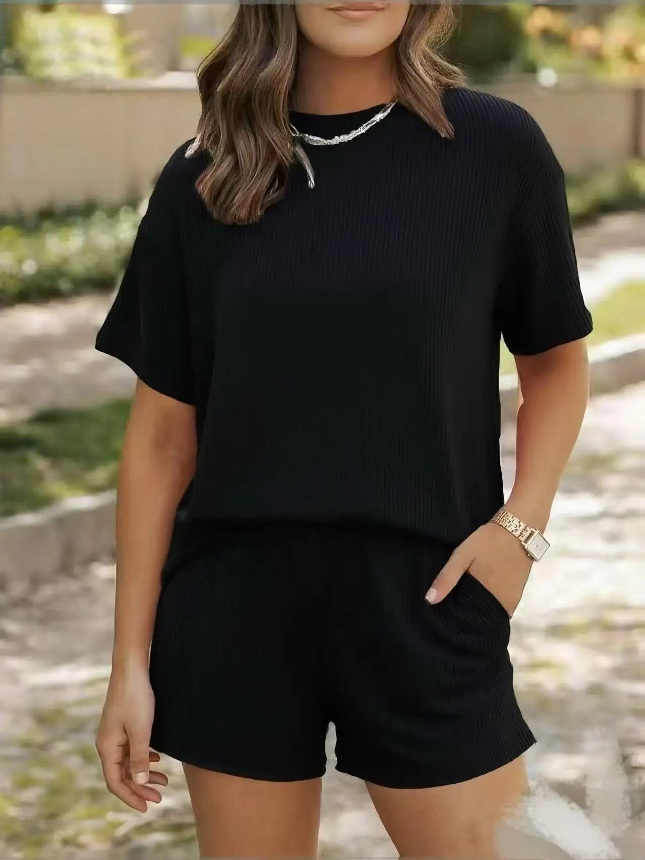 Women's Ribbed Knit Short Sleeve T-Shirt And Shorts Two Piece Outfit Casual Loungewear For Summer