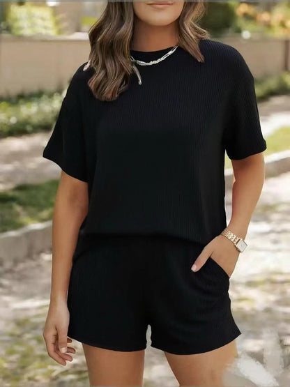 Women's Ribbed Knit Short Sleeve T-Shirt And Shorts Two Piece Outfit Casual Loungewear For Summer