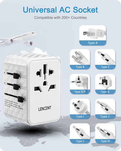 LENCENT 65W GaN Universal Travel Adapter with 2 USB  3 Type C Fast Charging All-in-one Travel Charger EU/UK/USA/AUS for Travel