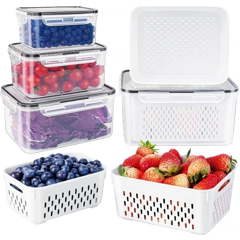 6Set of large-capacity refrigerator fruit preservation containers，Comes with a detachable drain basket，Sealed food storage conta